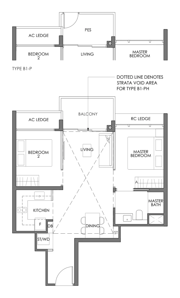 2-Bedroom floor plan example: Sky Eden@Bedok Type B1 by Frasers Property