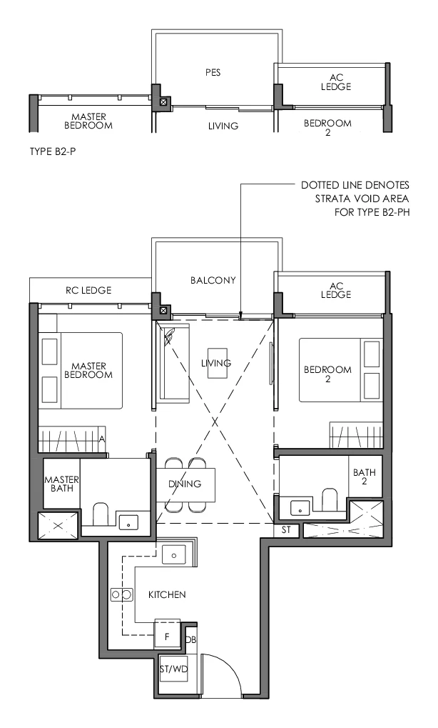 2-Bedroom floor plan example: Sky Eden@Bedok Type B2 by Frasers Property