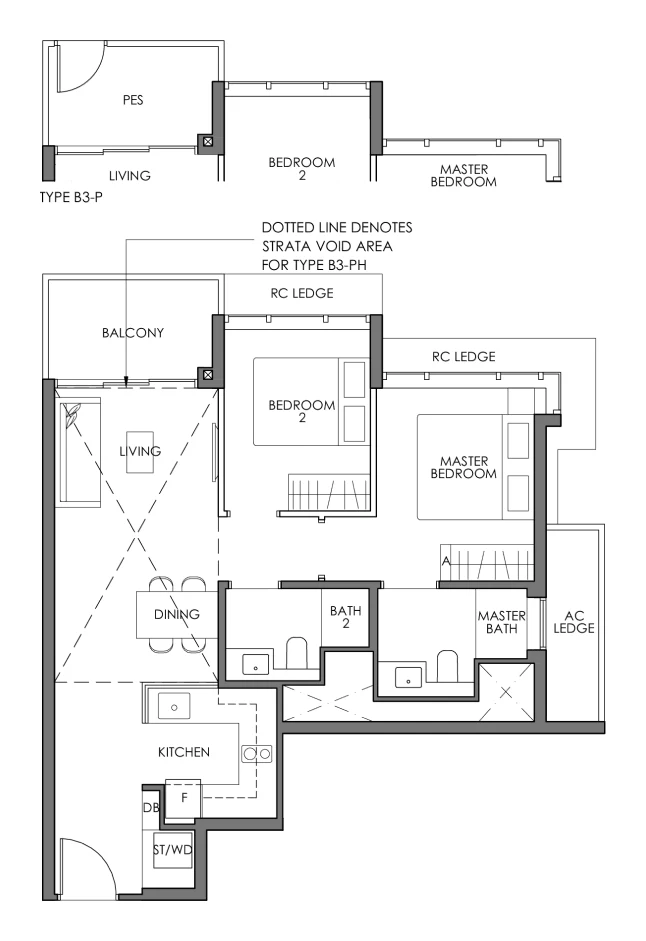 2-Bedroom floor plan example: Sky Eden@Bedok Type B3 by Frasers Property