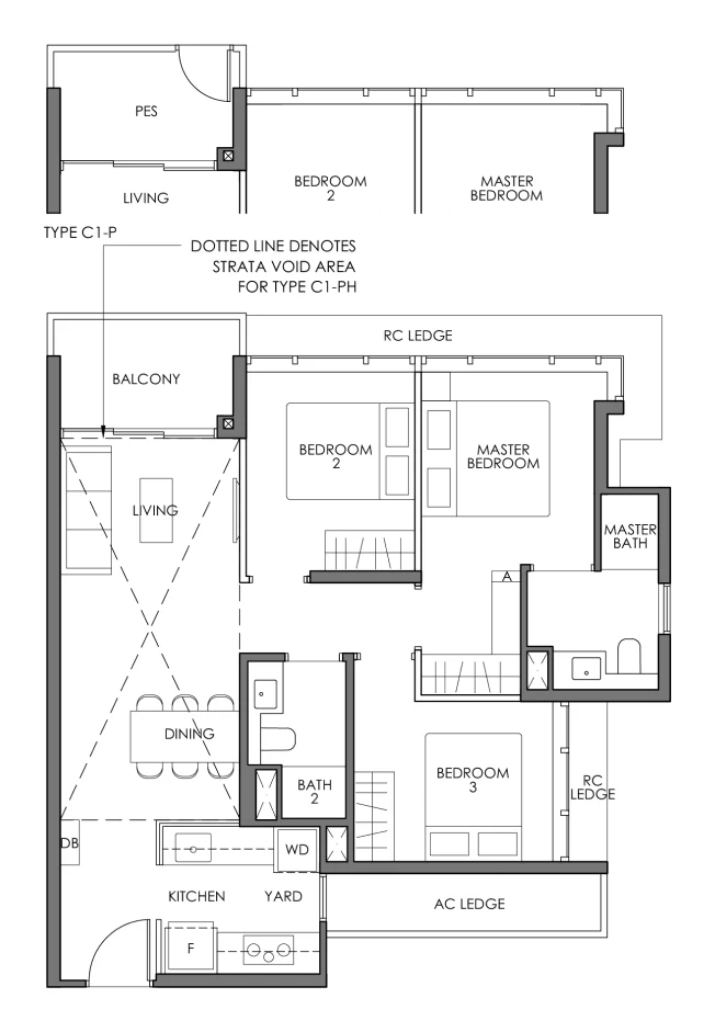 3-Bedroom floor plan example: Sky Eden@Bedok Type C1 by Frasers Property