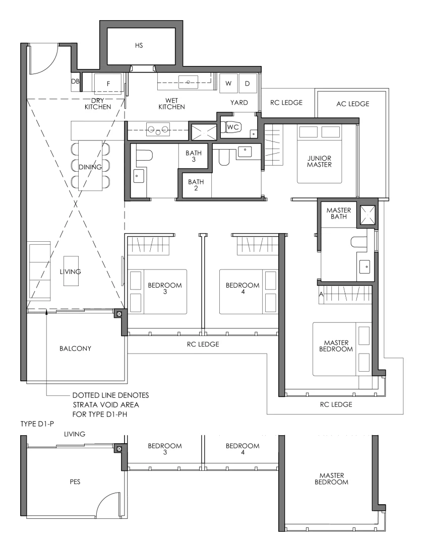 4-Bedroom floor plan example: Sky Eden@Bedok Type D1 by Frasers Property