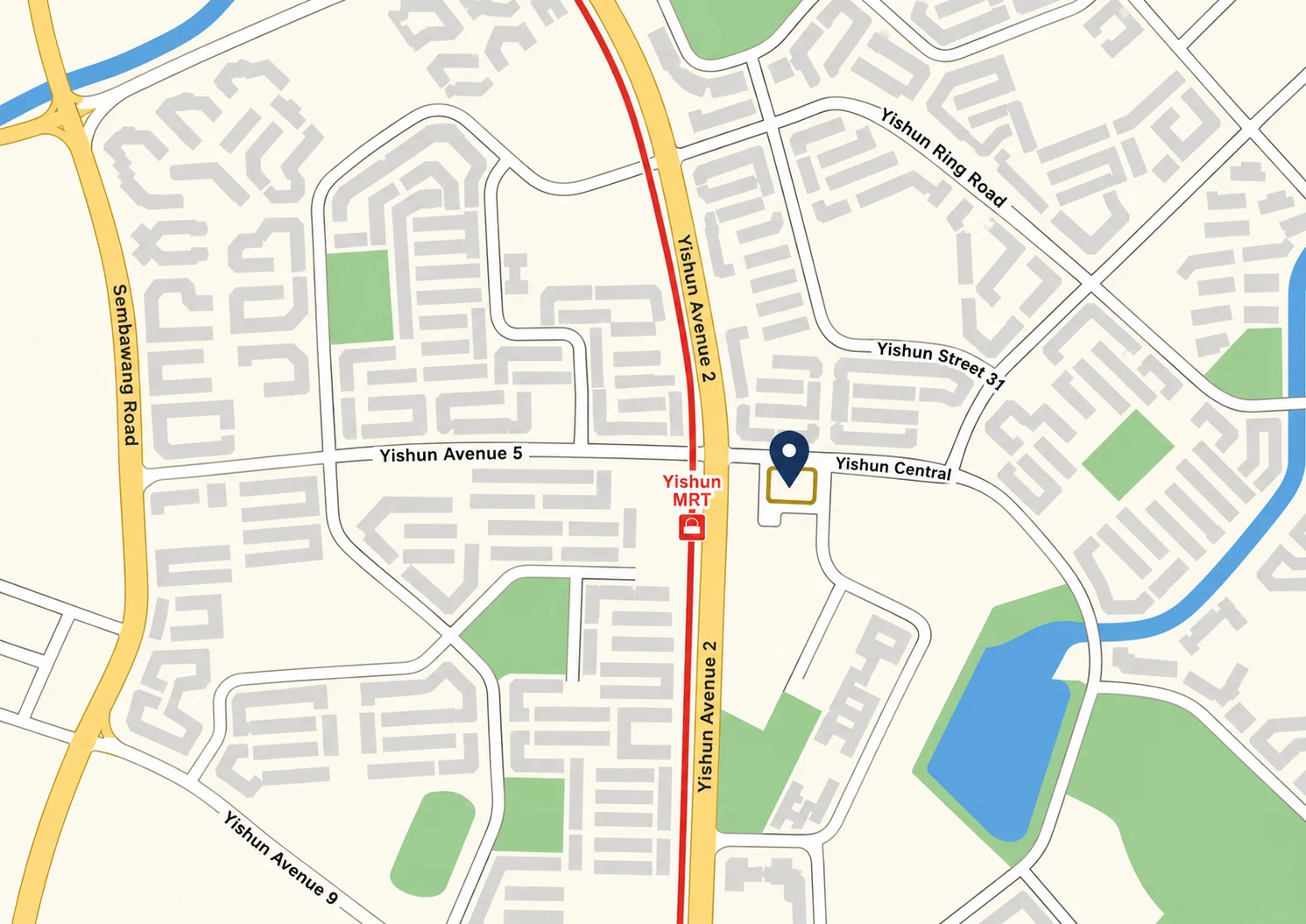 Location map of North Parc Central at 51 Yishun Central 1, east of Yishun MRT and Yishun Avenue 2